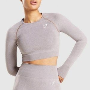 GYMSHARK VITAL SEAMLESS 2.0 LONG SLEEVE CROP TOP in TAUPE MARL